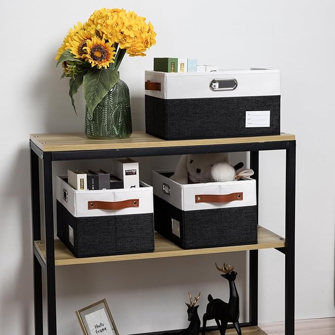 PRANDOM Larger Foldable Storage Bins with Handles [3-Pack] Fabric Collapsible Storage Boxes Baskets Cubes Containers with Handles for Closet Living Room Bedroom (Black & White 17.3x12.2x10.4')