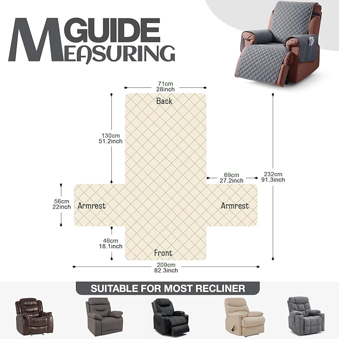 KinCam 100% Waterproof Recliner Chair Cover, Reclining Couch Covers for Pets, Dogs, Recliner Couch Slipcover Furniture Protector with Elastic Straps for Kids(28", Dark Gray)