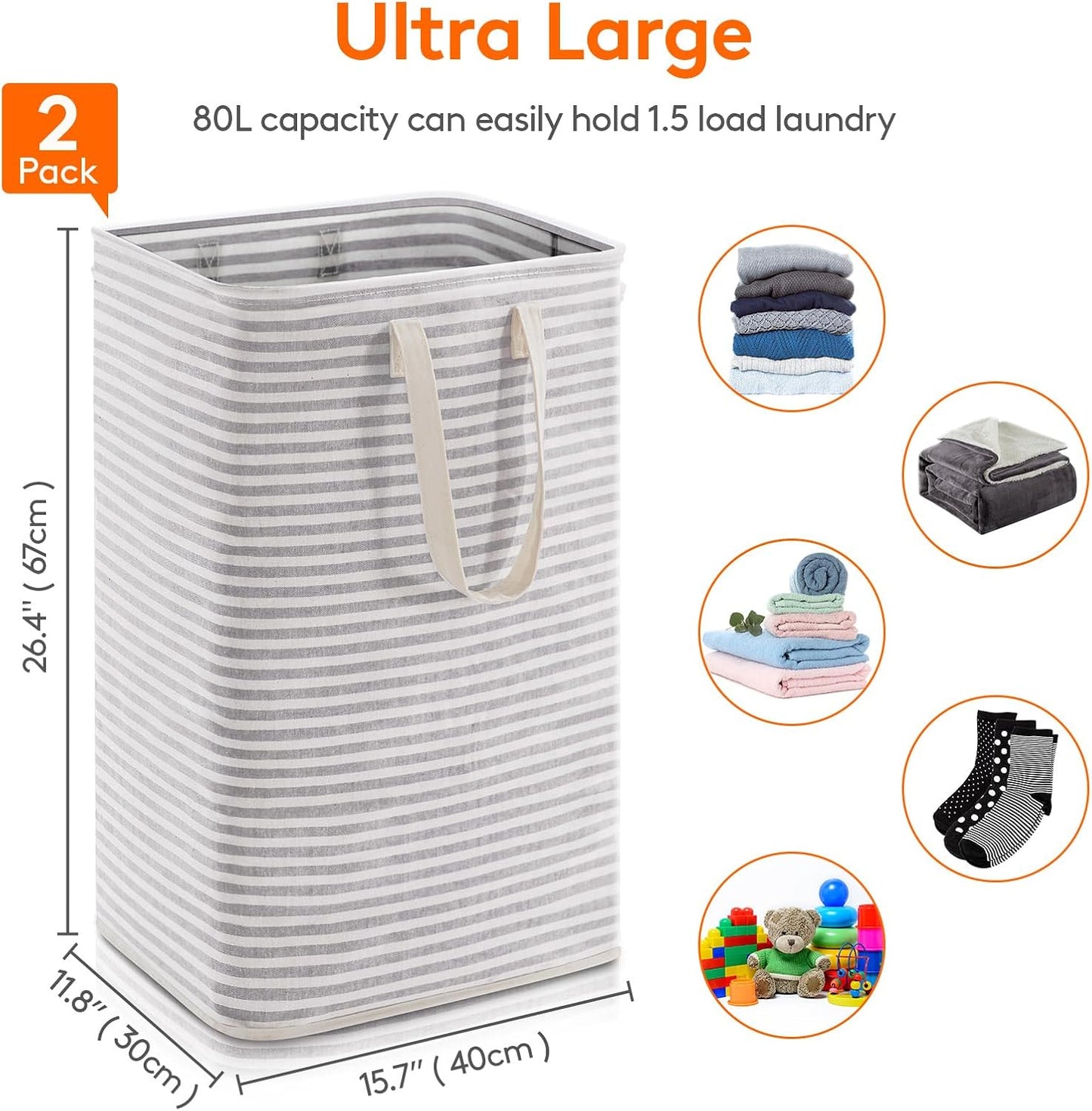 2-Pack Collapsible Laundry Hamper 80L Each — Freestanding, Waterproof & Foldable for Bedroom & Laundry Room | Nestify