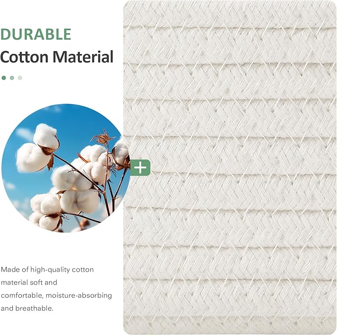 5 Piece Storage Baskets Small Woven Basket with Detachable Leather Handle, Cotton Rope Shelf Baskets for Closet Organizers, Different Sizes Basket Decor, White
