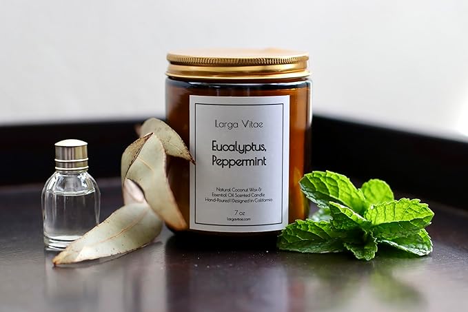 Eucalyptus, Peppermint Coconut Wax Candle Non Toxic Aromatherapy Candle with Essential & Prime Rated Natural Fragrance Oils, Clean Burning Amber Jar Candle, 7 oz Small Batched