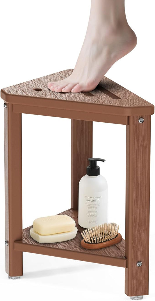 Teak Shower Foot Rest 15in, HDPE Waterproof Shower Stool for Inside Shower, Corner Shower Stool for Shaving Legs with Storage Shelf for Small Space, Shower Step Stool, Plastic Corner Shower Bench