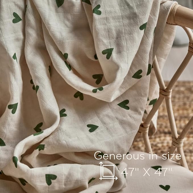 Baby Swaddle – Organic Cotton Muslin Baby Swaddles for Newborns 47” x 47” (Green Hearts)