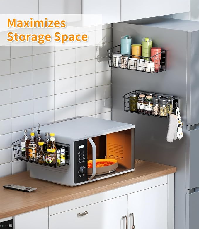 4-Pack Magnetic Spice Rack for Refrigerator, Versatile Magnetic Shelf Organizer with 4 Hooks for Kitchen Storage, Large Capacity Spice Rack for Fridge, Oven, or Cabinet - Black