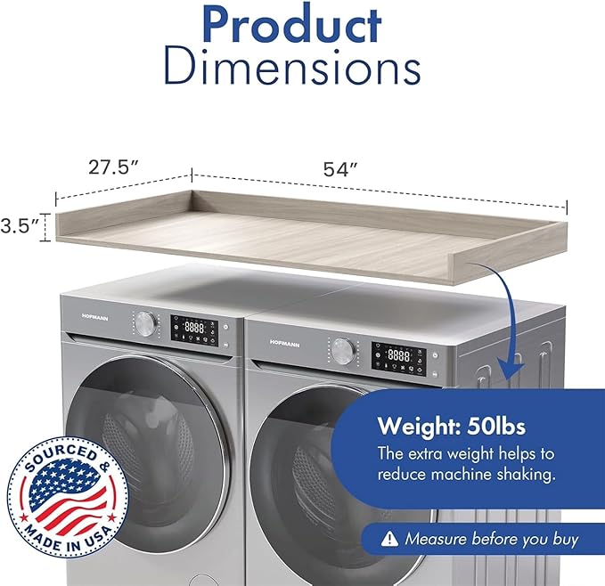 OfficeSimpli Washer Dryer Countertop, Made in USA, Non-Slip Pads, Easy Clean, Laundry Room Essentials and Decor, Washer Dryer Wood Top for Organization (Rustic Oak, Standard (27.5" x 54"))