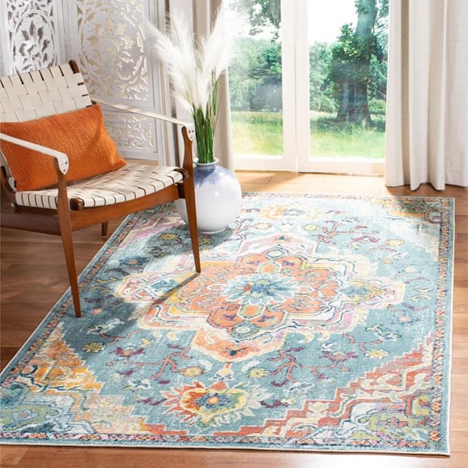 SAFAVIEH Crystal Collection Accent Rug - 4' x 6', Teal & Orange, Medallion Distressed Design, Non-Shedding & Easy Care, Ideal for High Traffic Areas in Entryway, Living Room, Bedroom (CRS501J)