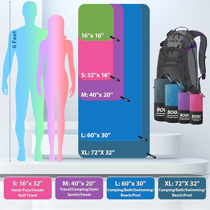 Microfiber Quick Dry Travel Sports Towel, Blue, 60"x30"+16"x16"