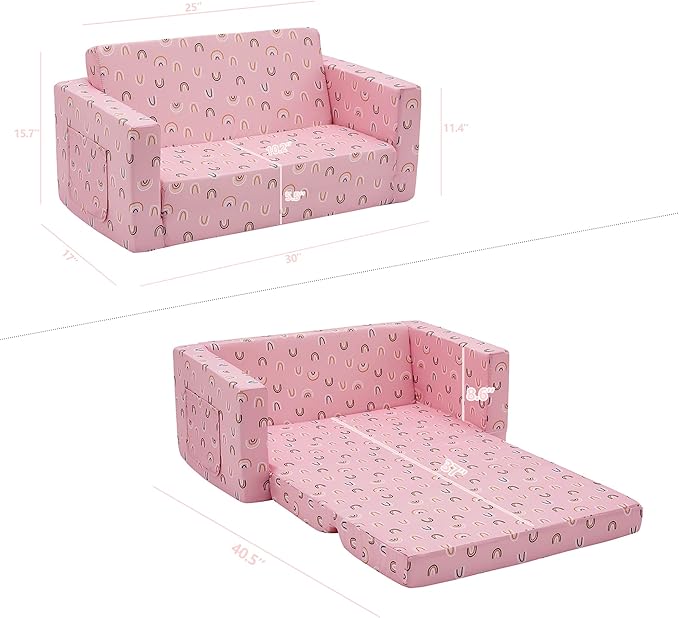 Ulax furniture Kids Fold Out Couch 2-in-1 Children Convertible Sofa to Lounger with Soft Plush Fabric(Pink Rainbow)