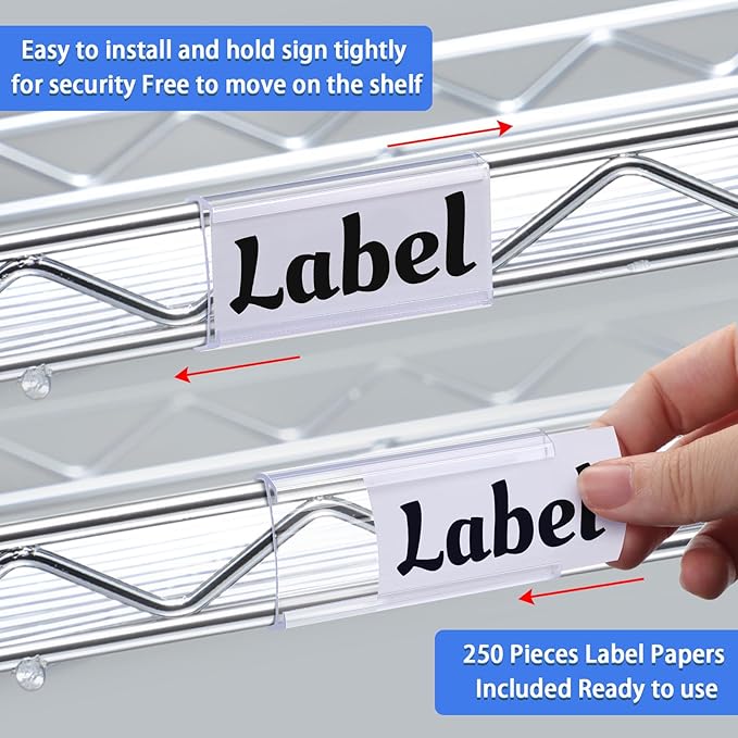 Yulejo 250 Pieces Wire Shelf Label Holders Wire Label Holder Plastic Shelf Tags for Shelving Metro Clips with Paper Inserts, Compatible with 1-1/4 Inch Shelves