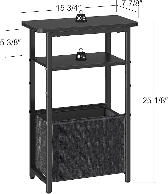 Narrow Side Table, Skinny End Tables with Fabric Basket, Small Side Tables for Small Space, 2-Tier Open Shelves with Basket, Slim Nightstands for Bedroom,Living Room,Office, Black