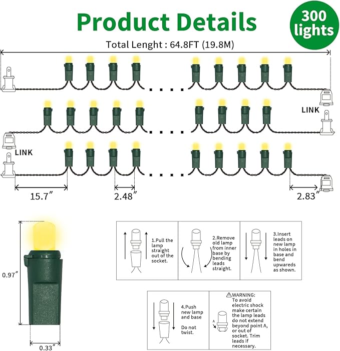 LAMPHOME Yellow LED Christmas Lights Indoor Outdoor, Connectable Yellow Warm White Christmas Tree Lights Green Wire, 64.8Ft Fairy String Light Plug in for Bedroom Wedding Xmas Tree Decorations