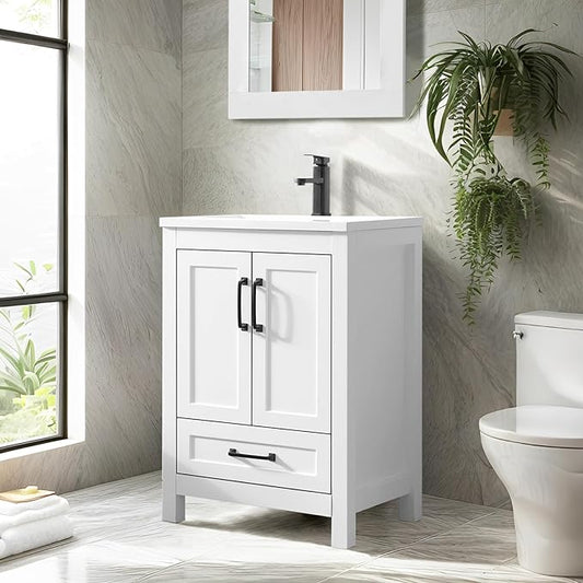 eclife 24" Bathroom Vanities with Sink Combo, Modern Thickened Wood Bathroom Storage Cabinet w/Undermount Sink, Matte Black Faucet Drain, Painted Surface, White