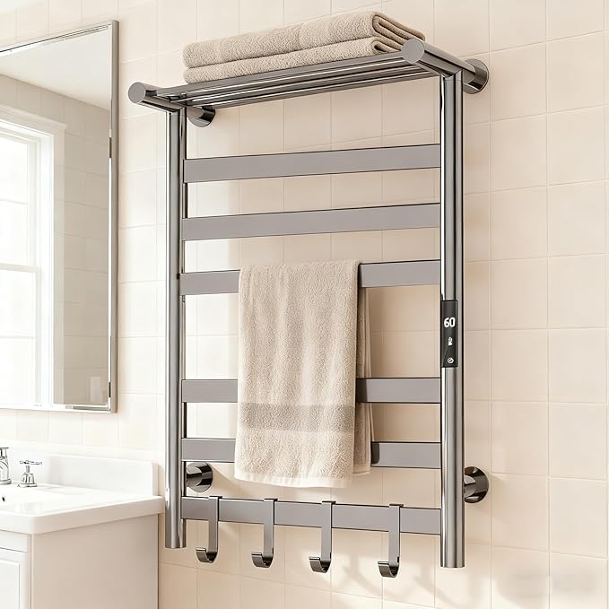 Heated Towel Rack for Bathroom, Towel Warmer Rack, Wall Mounted Wired Heated Towel Rack, with Timer and Temperature Adjustment, Overheat Protection Function, Aluminum Alloy