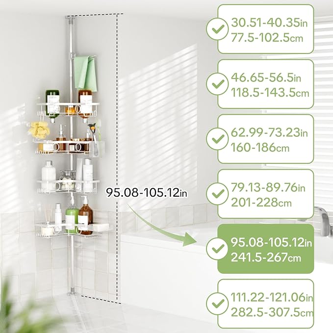 Corner Shower Caddy Tension Pole, 4 Tier Rustproof Shower Tension Rod Organizer with Soap Holder & Hooks, Adjustable 30-121 Inch Bathroom Shelf for Renters - Family Stand Storage Rack, Silver