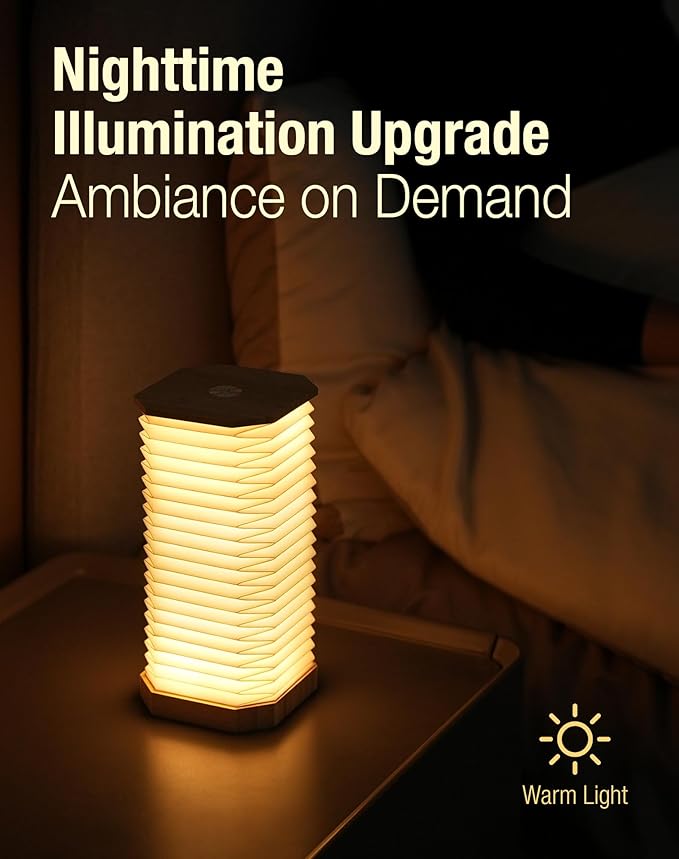 Bedside Table Lamp for Bedroom, Vertical Accordion Lamp with Warm Light, Adjustable Height & Brightness, USB Charging, Study Reading Light for Living Room, College Dorm, Home, Office