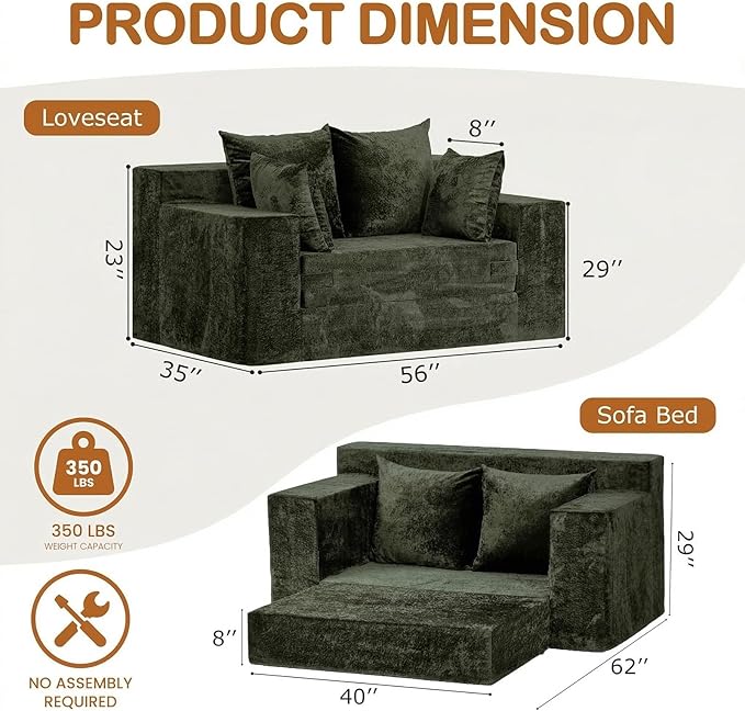 Convertible Sofa Bed, 5 in 1 Small Boneless Couch Pull Out Loveseat Sleeper Sofa,Corduroy Futon Couch Folding Mattress with 4 Pillows for Living Room Bedroom Lounge (No Assembly)