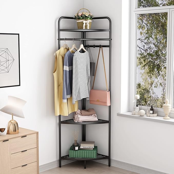 Corner Black Clothing Racks Freestanding, Metal Black Coat Racks with Hooks, Heavy Duty Modern Clothes Rack with 3 Tier Storage Shelves for Home,Bedroom,Living Room