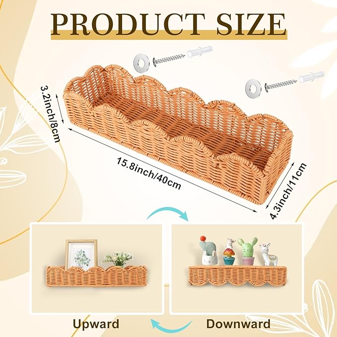 4 Set Nursery Book Shelves Scalloped Plastic Artificial Rattan Classroom Wall Shelf 15.8 Inch Wall Mounted Floating Bookshelve, Hanging Boho Wicker Woven Shelf for Bedroom Farmhouse Decor (4, Brown)