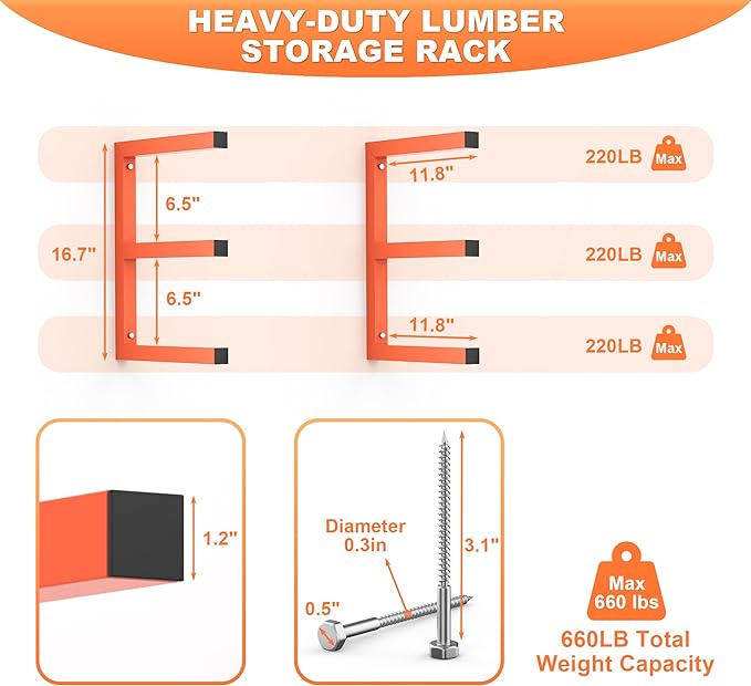 Ultrawall Lumber Storage Rack Wall Mount Wood Storage Racks, Metal Wood Organizer Racks for Shed, Workshop, Garage, Holds Up 220 LBS Per Level (Pack of 4, Orange)