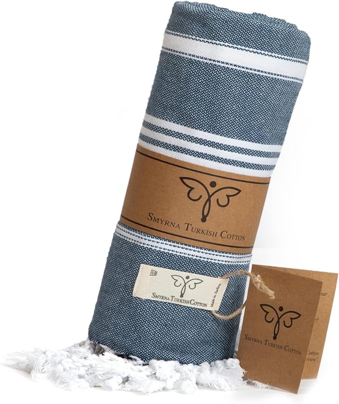 SMYRNA TURKISH COTTON Beach Blanket – Sand-Free Oversized Beach Throw 50x60 – Quick-Dry Lightweight Turkish Towel for Beach, Pool, Picnic & Outdoor Travel – Eco-Friendly Recycled Cotton, Navy