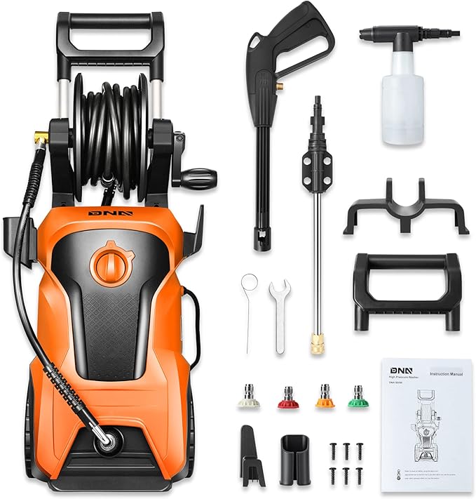 DNA Motoring TOOLS-00230 Up to 2176 PSI Pressure 2.4 GPM Max Flow Electric Pressure Washer for Yard and Car Cleaning with Spray Nozzle Foam Bottle + 4 Turbo Nozzles IPX5 Driveway Patio Deck(Orange)