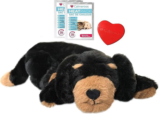 Puppy Heartbeat Toy Sleep Aid with 2 Long-Lasting Heat Packs Last 36 Hours Each Puppy Anxiety Relief Soother Dogs Cuddle Calming Behavioral Aid for Pets (Black and Brown)