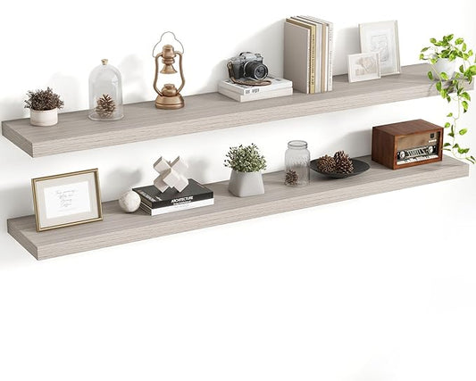 55 Inch Floating Shelves, 8 Inch Deep Floating Shelves for Wall, Hanging Shelf with Invisible Brackets, Deep Shelves for Bathroom, Bedroom, Living Room, Grey, Set of 2