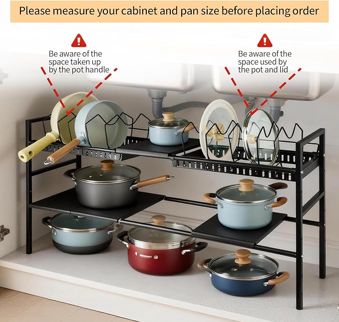 Pots and Pans Organizer Under Cabinet, Expandable Length, Adjustable Height Under Sink Shelf 2 Tier with 10 Dividers Under Sink Organizer, Pot and Pan Lid Holder Rack (Black)