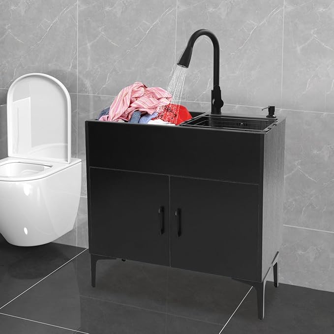 30-Inch Laundry Sink Cabinet with Stainless Steel Sink and Pull-Out Sprayer Faucet, Freestanding Deep Utility Sink with Cabinet Utility Tub for Bathroom Laundry Room Kitchen (Black)