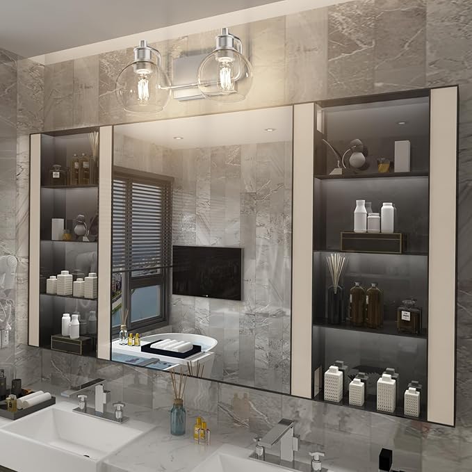 Tipace 2 Lights Modern Bathroom Vanity Light Fixtures Over Mirror Brushed Nickel Industrial Vanity Lights with Globe Clear Glass Farmhouse Wall Sconces Fixture(Exclude Bulb)