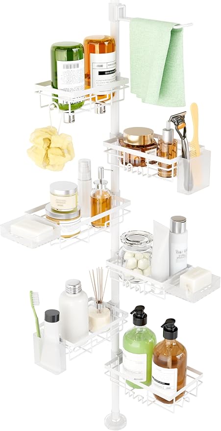 Shower Tension Rod Organizer, 6 Tier Rustproof Corner Shower Caddy Tension Pole with Soap Holder & Hooks, Adjustable 30-121 Inch Bathroom Shelf for Renters - Family Stand Storage Rack, White