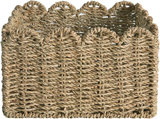 Scalloped Basket, Wicker Storage Baskets, Hand Woven Baskets for Shelves,Natural Baskets for Organizing (Seagrass(S-9.5" L x 9.5" W x 5.5" H))