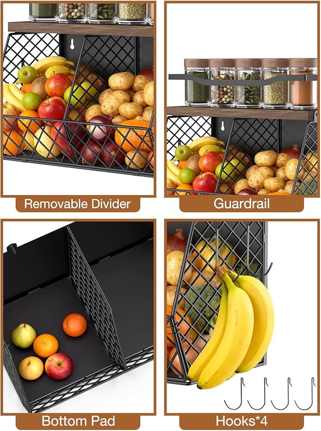 3-in-1 Magnetic Fruit & Vegetable Basket with Spice Rack Shelf for Fridge - Wall Mount Countertop Kitchen Wire Storage Organizer for Produce Potato Onion, Kitchen Essentials and Decor, Rustic