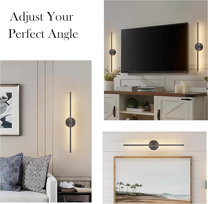Battery Operated Wall Sconces, Dimmable Wall Sconces Set of Two, 350°Rotate, 3000K LED Black Wireless Wall Light for Living Room, Bedroom,Hallway, 24.4 Inch (2 Pack)