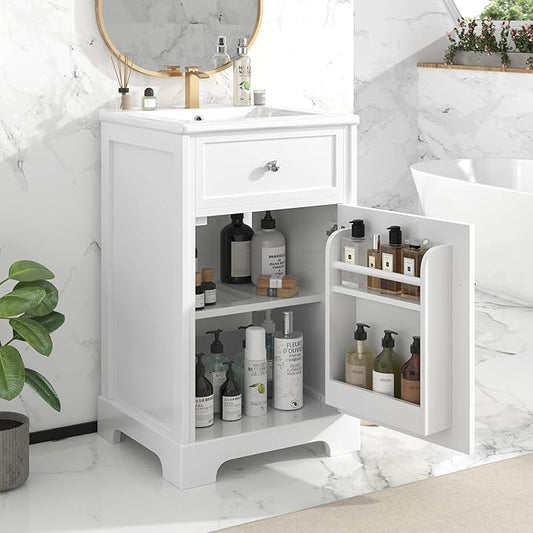 Merax 20 Inch Small Bathroom Vanities Storage Cabinet with Undermount Sink, Two-Tier Door Shelf, White