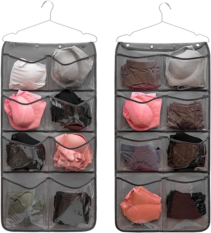Dual Sided Hanging Closet Organizer Durable Socks Stocking Clothes Bra Accessories Storage Bag With 16 Large Pockets (Clear PVC Pockets)