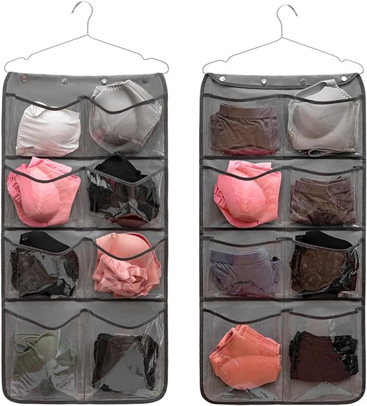 Dual Sided Hanging Closet Organizer Durable Socks Stocking Clothes Bra Accessories Storage Bag With 16 Large Pockets (Clear PVC Pockets)