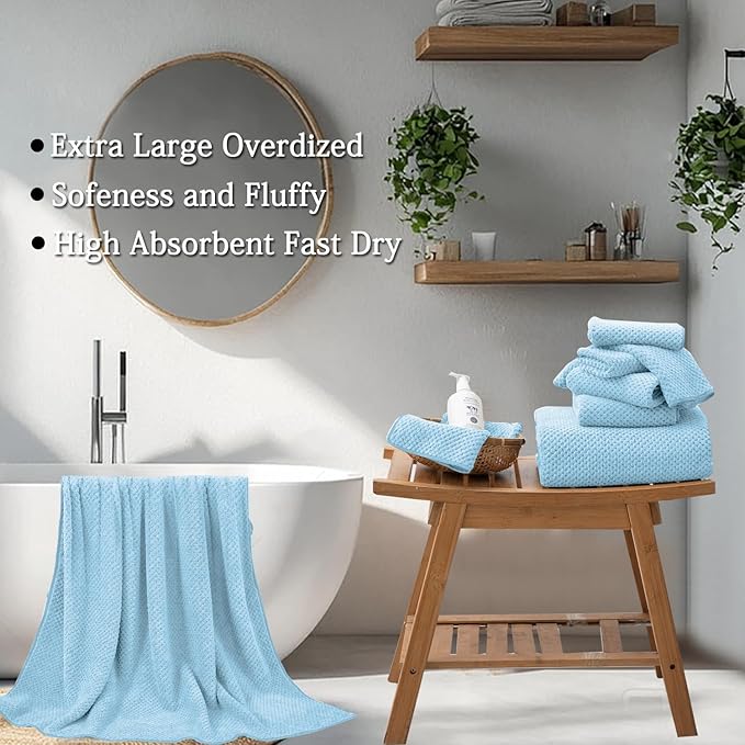 8-Piece Blue Bath Towels Set,2 Oversized Large Bath Towels Sheet,2 Hand Towels and 4 Washcloths - 600 GSM Soft Luxury Towel Set,Highly Absorbent Quick Dry Towel Collection for Bathroom,Hotel and Spa