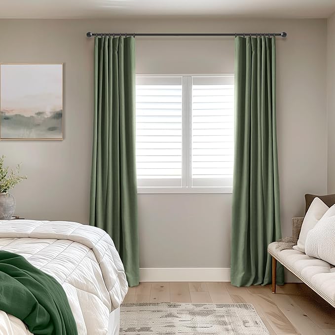 INOVADAY 100% Blackout Curtains for Bedroom, Black Out Curtains 120 Inch Long, Clip Rings Linen Blackout Drapes, Thermal Insulated Room Darkening for Living Room, 2 Panels - Moss Green,W50xL120