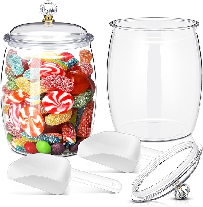 Nuogo 2 Pcs 0.5 Gallon 64 oz Candy & Cookie Jar Plastic Jars with Lids Decorative Apothecary and Candy Buffet Container Clear Airtight Food Storage Canister (Retro Style)