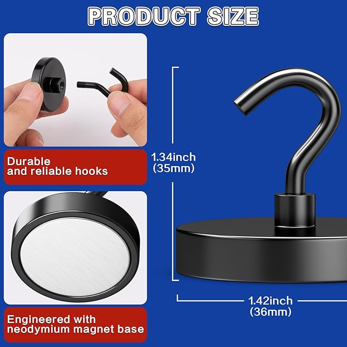 6Pack Strong Magnetic Hooks Heavy Duty, Magnet Hooks, 150lbs Metal Magnetic Hooks for Cruise Cabins, Magnet with Hooks, Magnet Hook, Magnetic Hook for Hanging, Refrigerator, Garage