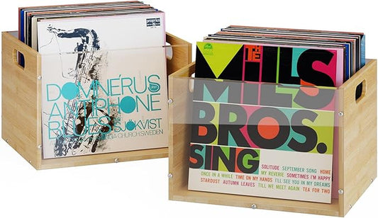 X-cosrack 2-Pack Vinyl Record Storage Box Crate, Visible Acrylic & Bamboo Vinyl Record Holder Crate with Handle, Cube CD Holder for LP Album Storage and Organizer, Easy to Assemble