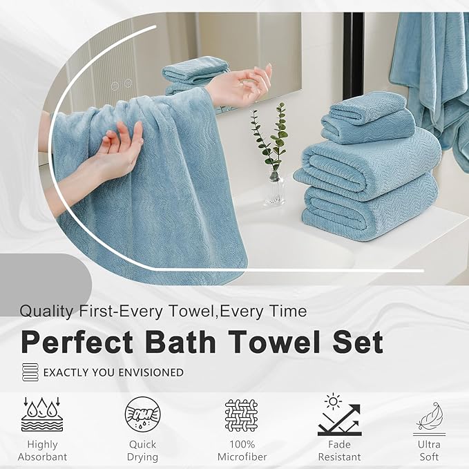 8 Piece Bath Towel Set — 2 Oversized Large Bath Sheet,2 Hand Towels,4 Washcloths — Ultra Soft Bath Towel Set for Bathroom Hotel Gym Spa,Highly Absorbent Quick Dry Bathroom Towel Collections,Turquoise