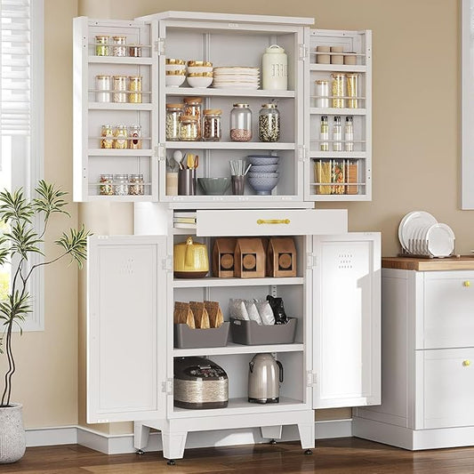 YITAHOME 71" Metal Kitchen Pantry Storage Cabinet with 4 Doors, 4 Adjustable Shelves, 1 Drawer and 8 Door Racks, Tall Freestanding Steel Cupboard for Home Kitchen Living Dining Room, White
