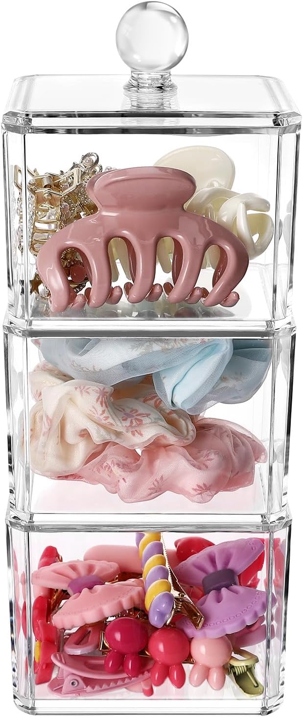 Hair Accessories Organizer for Girls, Clear 3 Stackable Acrylic Hair Tie Organizer for Headband, Bows, Cotton Swab Organization, Bathroom Containers Hair Clip Holder Storage with Lids
