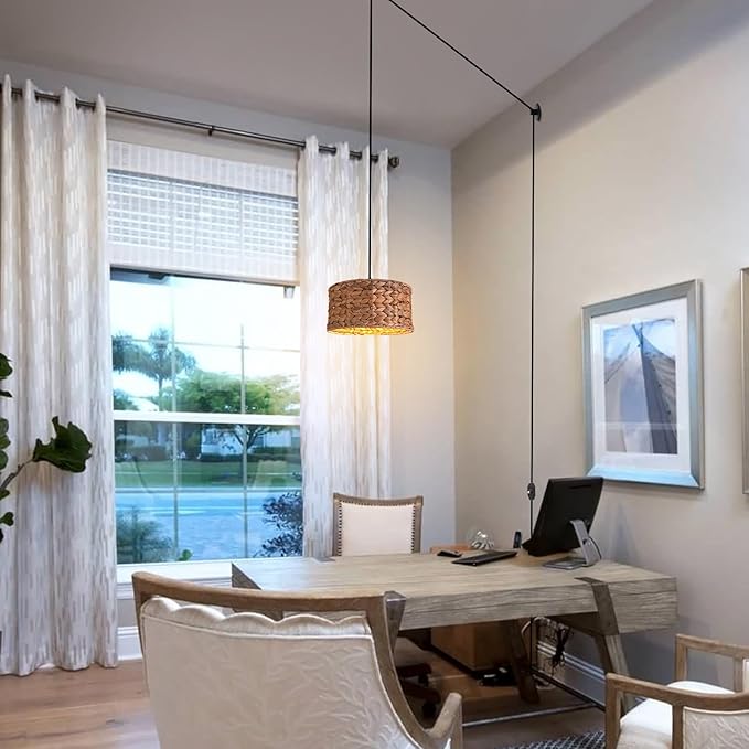 HuisMier Rattan Plug in Pendant Light with 15 Ft Plug in Cord, Wicker Woven Lampshade Hanging Lamp with Dimmable Switch, Plug in Boho Hangiing Light Fixture for Kitchen Island Bedroom Dinning Room