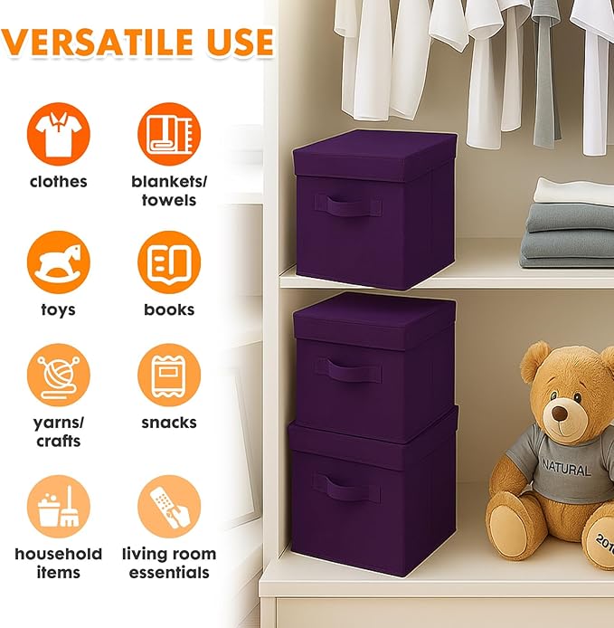 ShellKingdom Storage Bins, Foldable Fabric Storage Cubes with Lid, Clothes Storage Organizer Drawer For Closet Toys Storage, 10.5 X 10.5 X 11 INCH, 2 Pack (Purple)