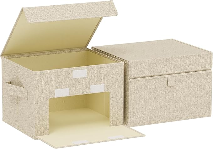 Fabric Storage Boxes, Closet Organizer with Handles, Basket Bins with Flip Cover, Cube Organization for Clothes, Shoes, Blankets, 10.2x7.9x6.7in, Grey and Beige, 2 Pack