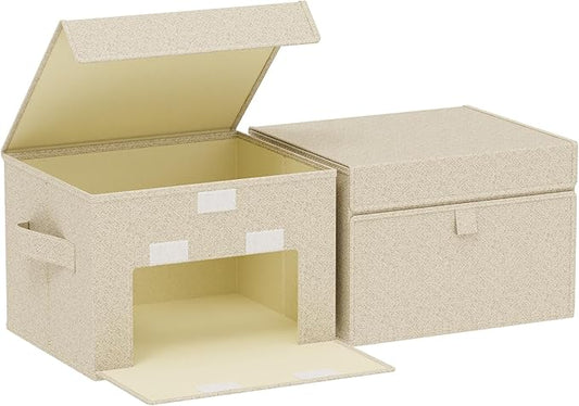 Fabric Storage Boxes, Closet Organizer with Handles, Basket Bins with Flip Cover, Cube Organization for Clothes, Shoes, Blankets, 10.2x7.9x6.7in, Grey and Beige, 2 Pack