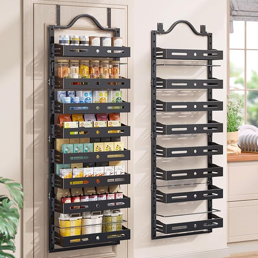 8-Tier Over The Door Pantry Organizer, Large 2 IN 1 Wall Mount or Hanging Spice Rack, Pantry Door Organizer and Storage with Adjustable Basket, Door Spice Rack for Pantry, Black